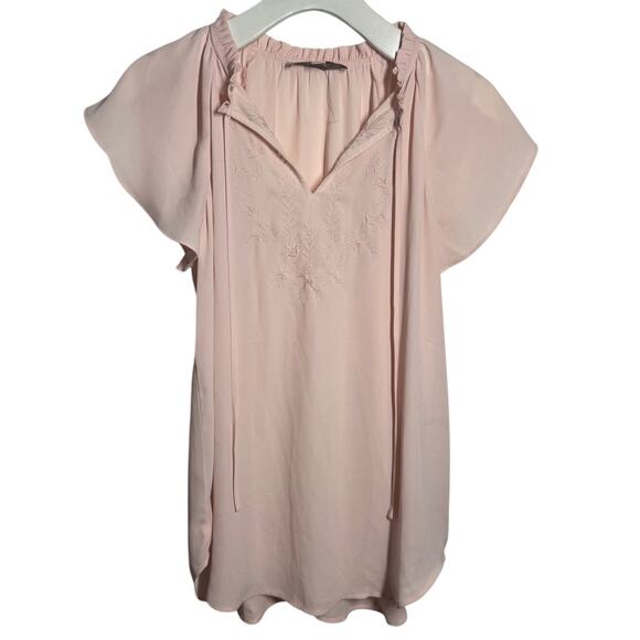 LOFT Top Women XS Pink Embroidered Tie Neck Blouse Cottage Minimal Modest Work - Picture 1 of 7